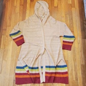Matilda Jane stay cozy hooded duster cardigan sweater oatmeal/tan rainbow stripe